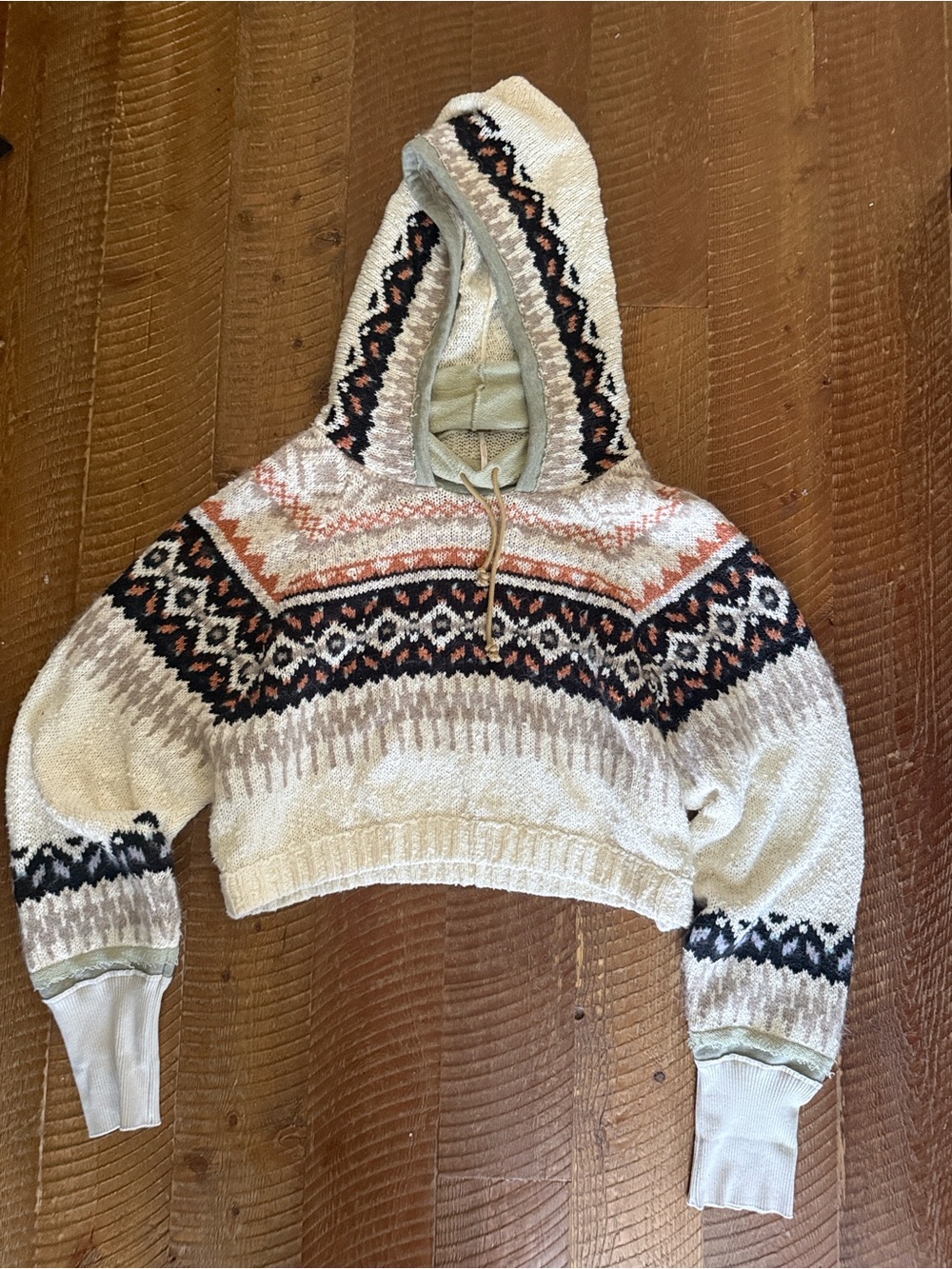 Free People Cropped Hooded Sweater in Cream with Black and Rust Pattern